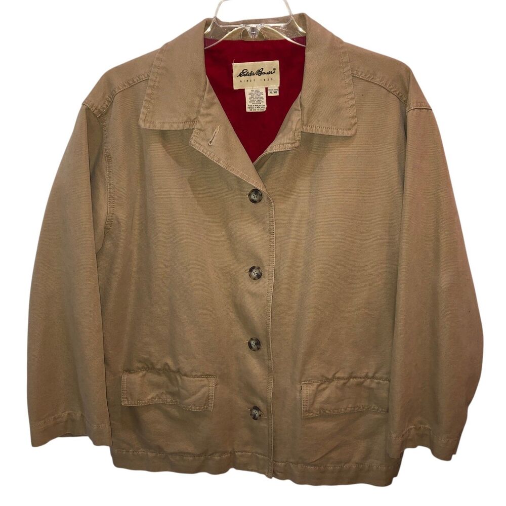 Eddie Bauer Womens Size XL Tan Canvas Chore Jacket Flannel Lined Field Barn Coat